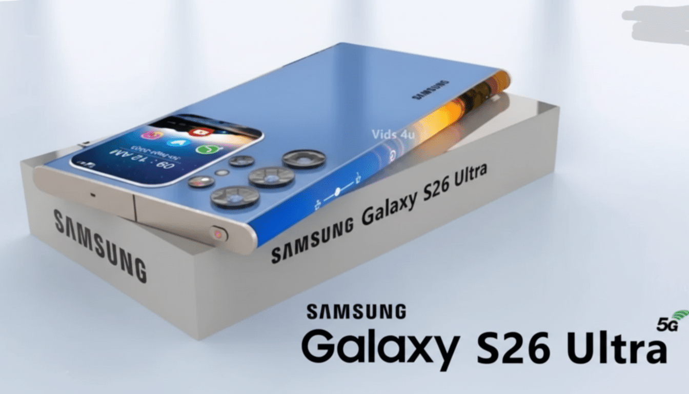 A Samsung Galaxy S26 Ultra phone, blue with a gold edge, resting on its white product box.