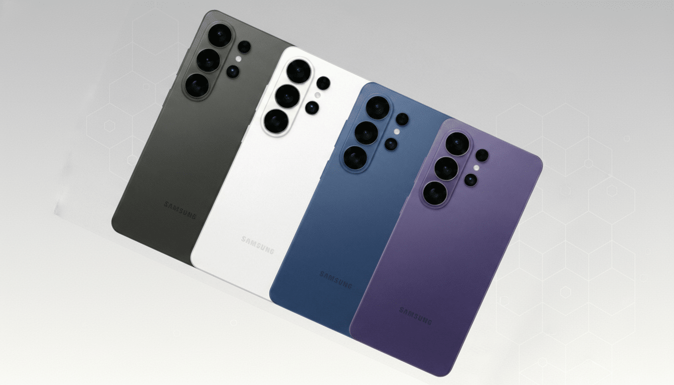 Four Samsung Galaxy S23 Ultra phones in black, white, blue, and purple, arranged diagonally on a professional flat design background with soft patterns.