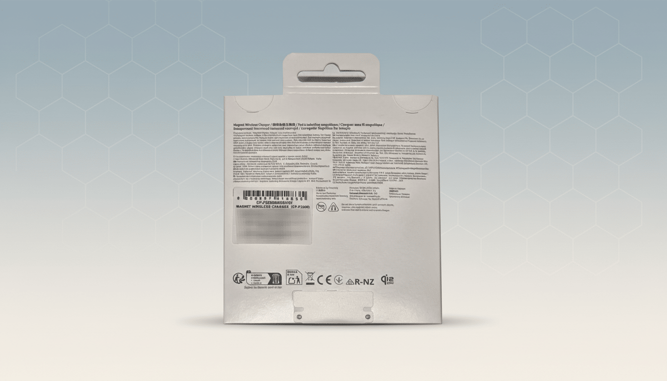 A professionally enhanced image of a white box for a Samsung Magnet Wireless Charger (EP-P2900BBEGW) with a 16:9 aspect ratio. The background features a subtle gradient.