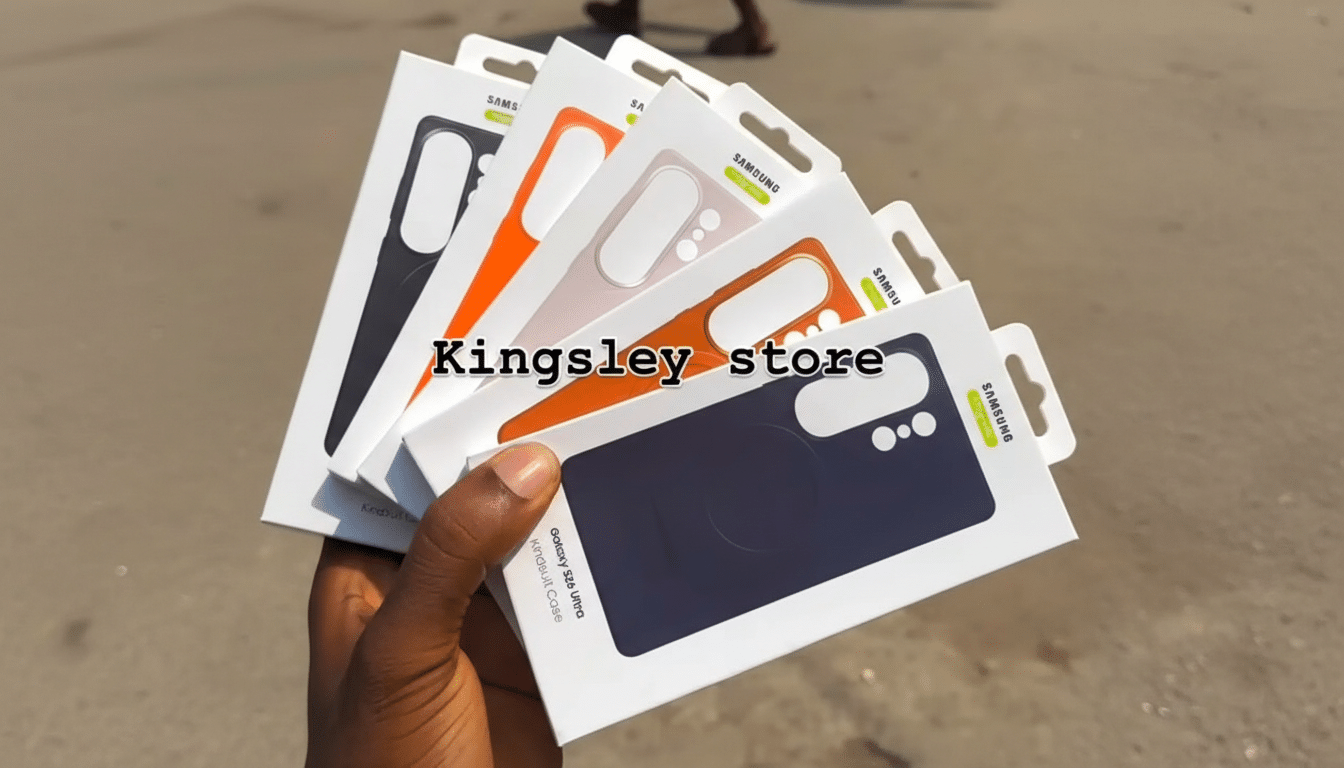 A hand holding several Samsung Galaxy S24 Ultra Kindsuit cases in various colors, resized to a 16:9 aspect ratio.