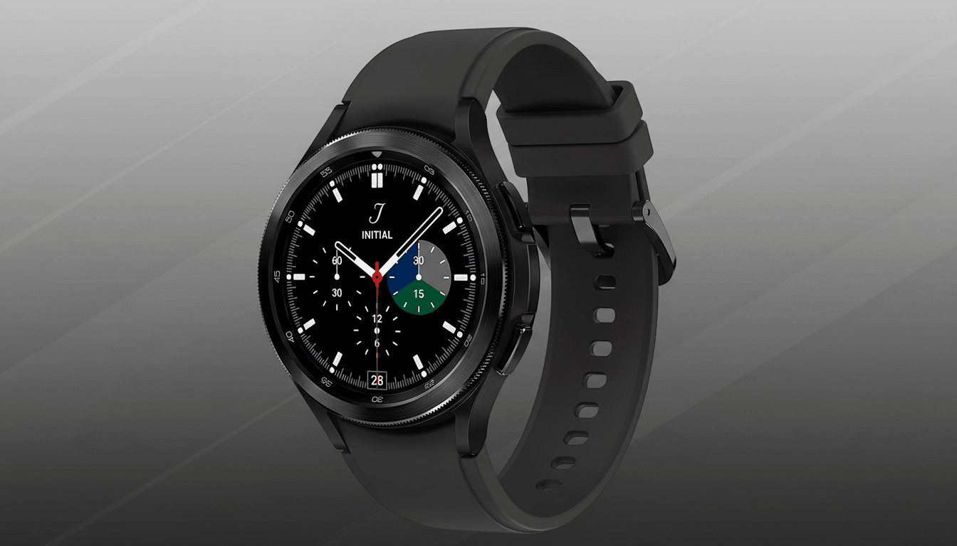 A black smartwatch with a black strap is displayed against a professional gray gradient background.