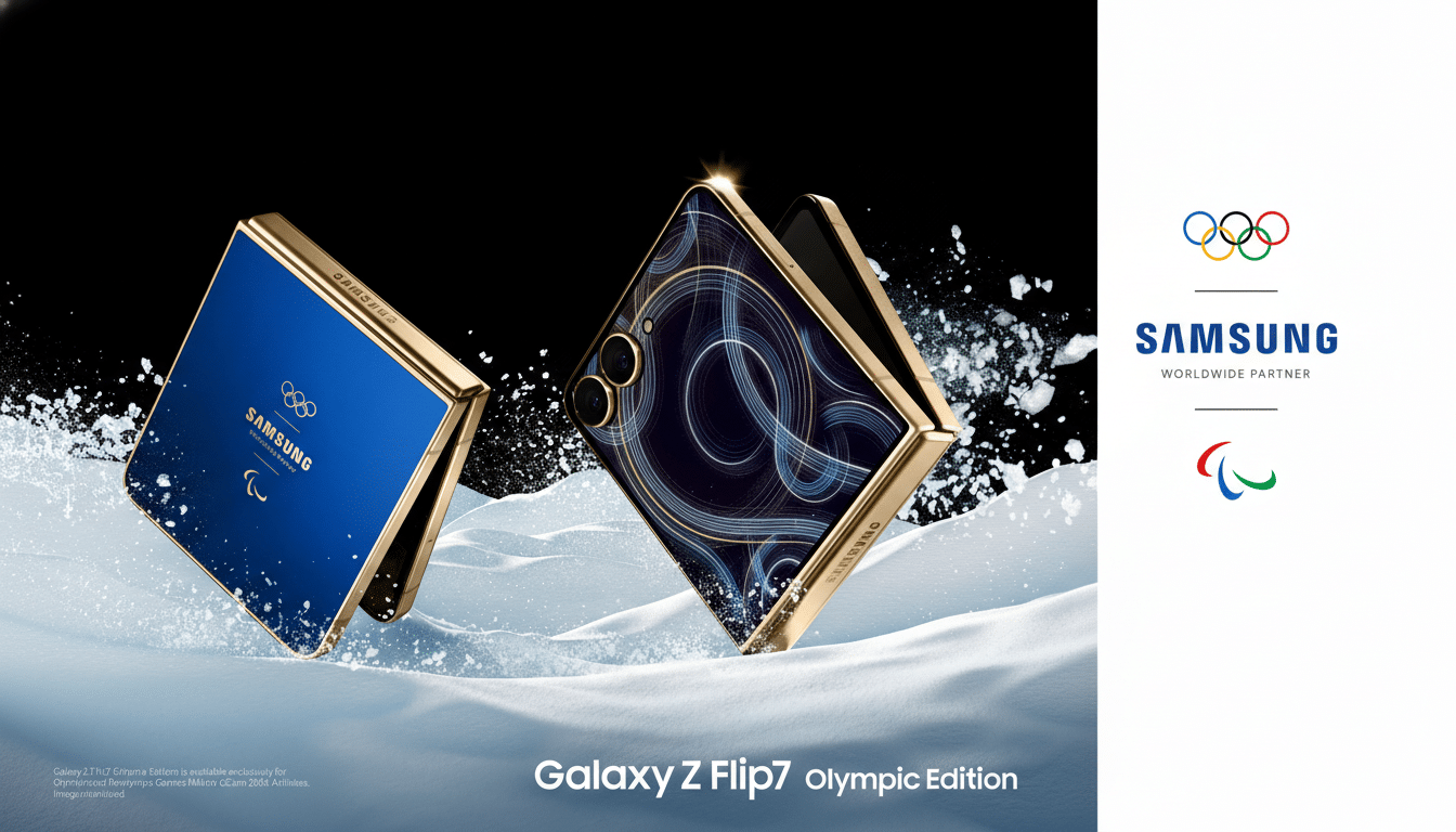 A Samsung Galaxy Z Flip7 Olympic Edition phone in blue and gold, partially open, resting on a snowy surface with a dark background. The Olympic rings and Samsung logo are visible on the right.