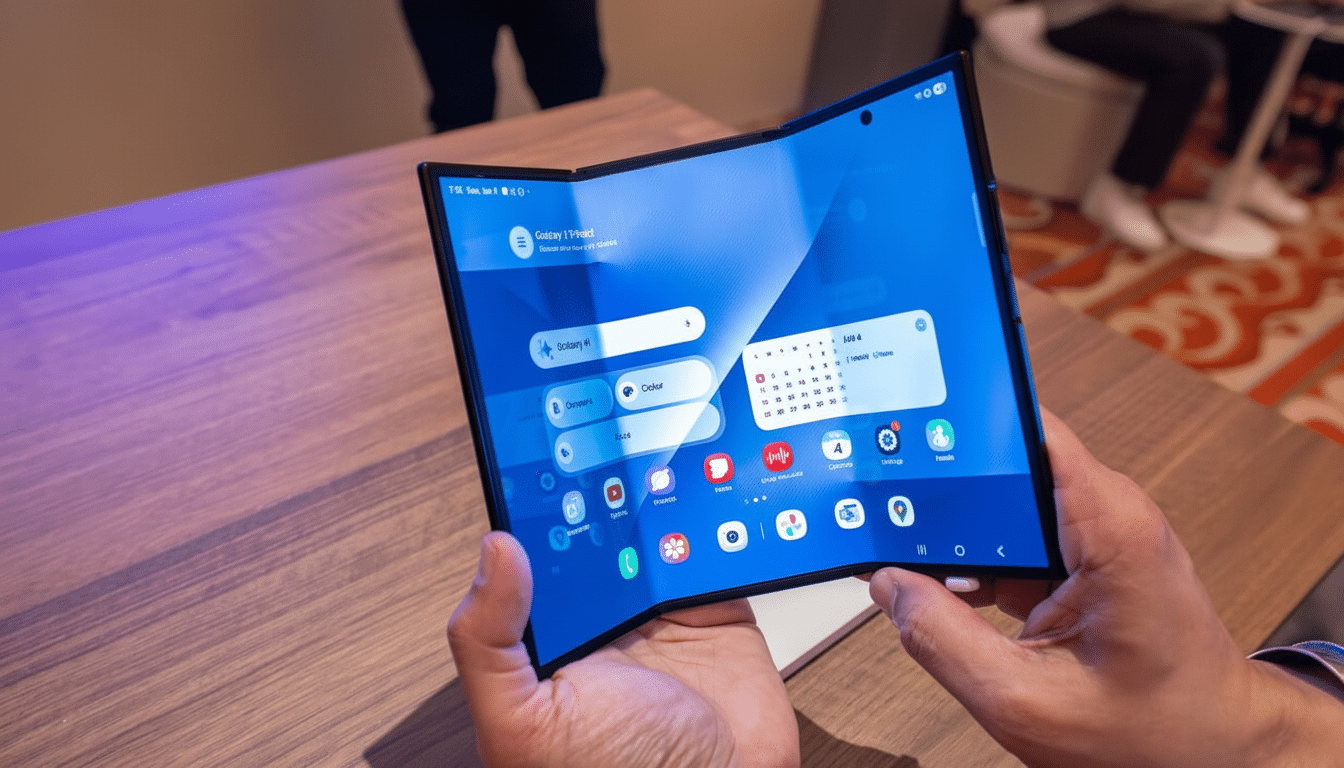 A person holding a foldable smartphone with a blue interface, resized to a 16:9 aspect ratio.