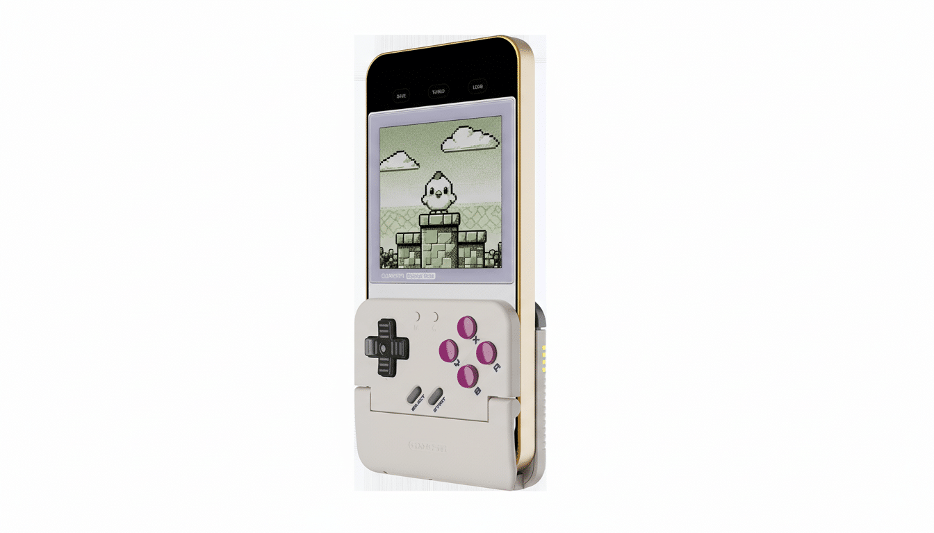 A smartphone with a retro gaming controller attachment, displaying a pixelated game with a bird character.