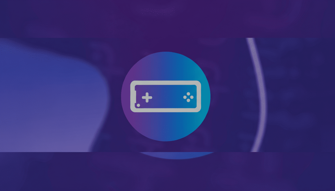 A white outline of a game controller icon centered within a circular gradient of blue and purple, set against a dark purple background with subtle, abstract patterns.