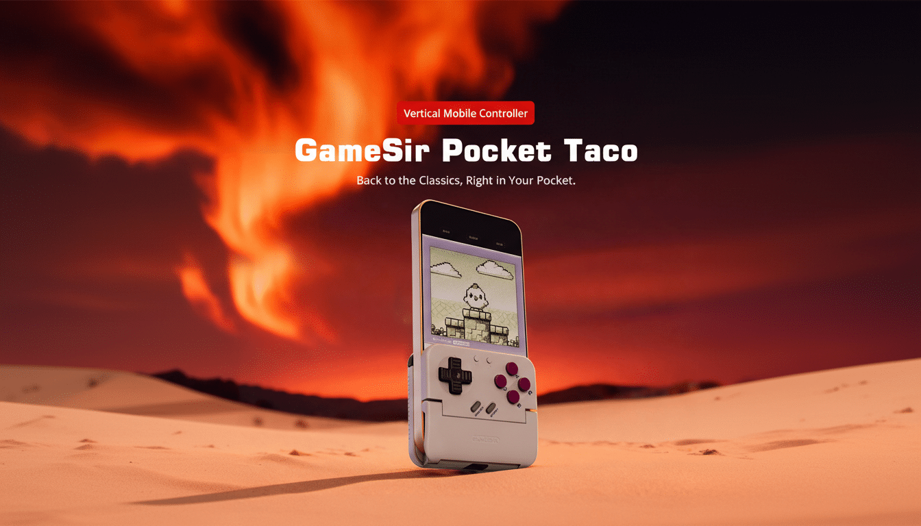 A GameSir Pocket Taco mobile controller, designed to resemble a classic handheld gaming device, is shown in a desert landscape with a fiery orange and red sky. The device is white and purple, with a smartphone inserted vertically, displaying a pixelated game.