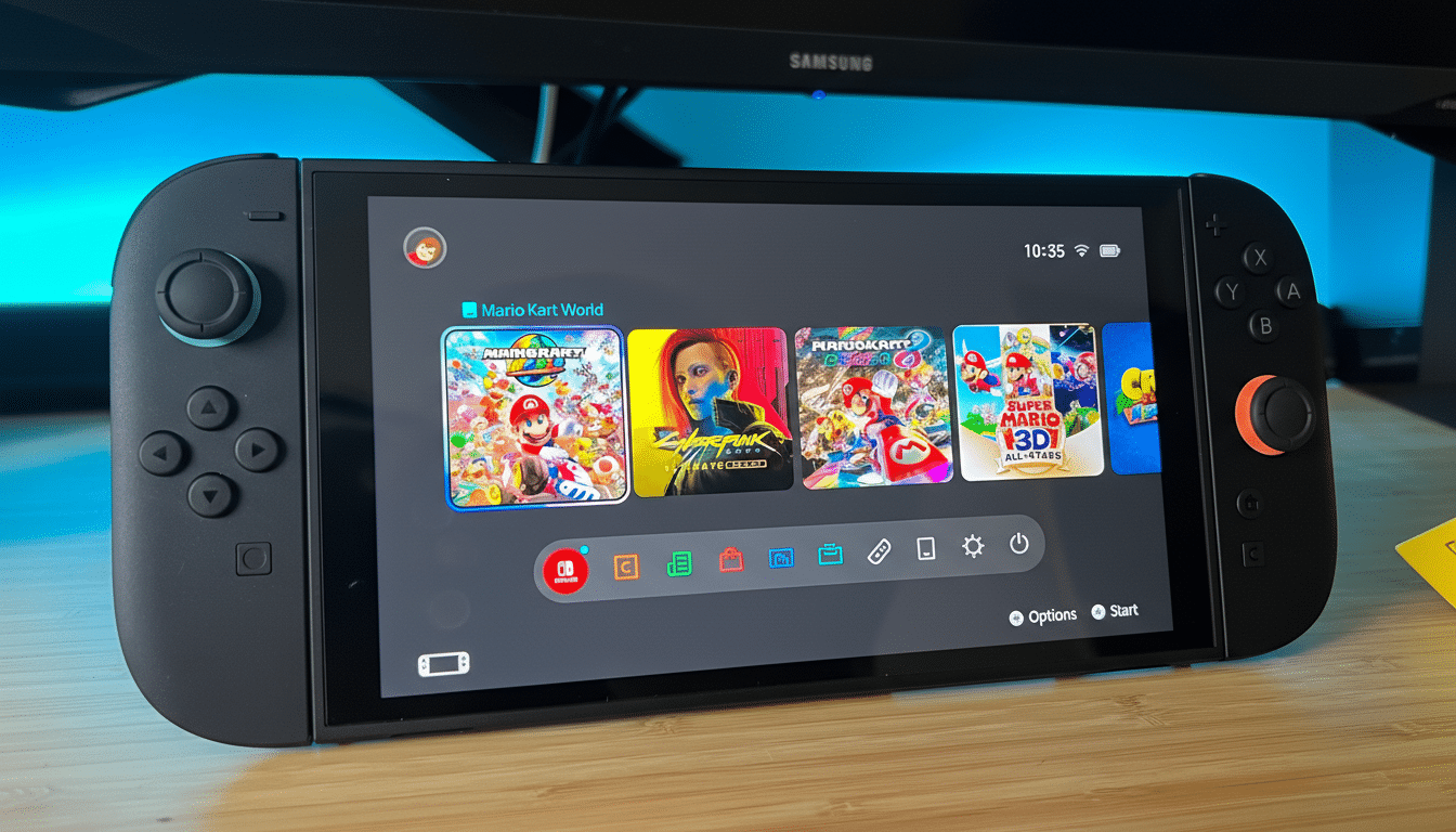 A Nintendo Switch console displaying the home screen with various game icons, including Mario Kart World, Cyberpunk 2077, Mario Kart 8 Deluxe, and Super Mario 3D All-Stars. The console is set against a blurred background with a blue light emanating from behind a monitor.