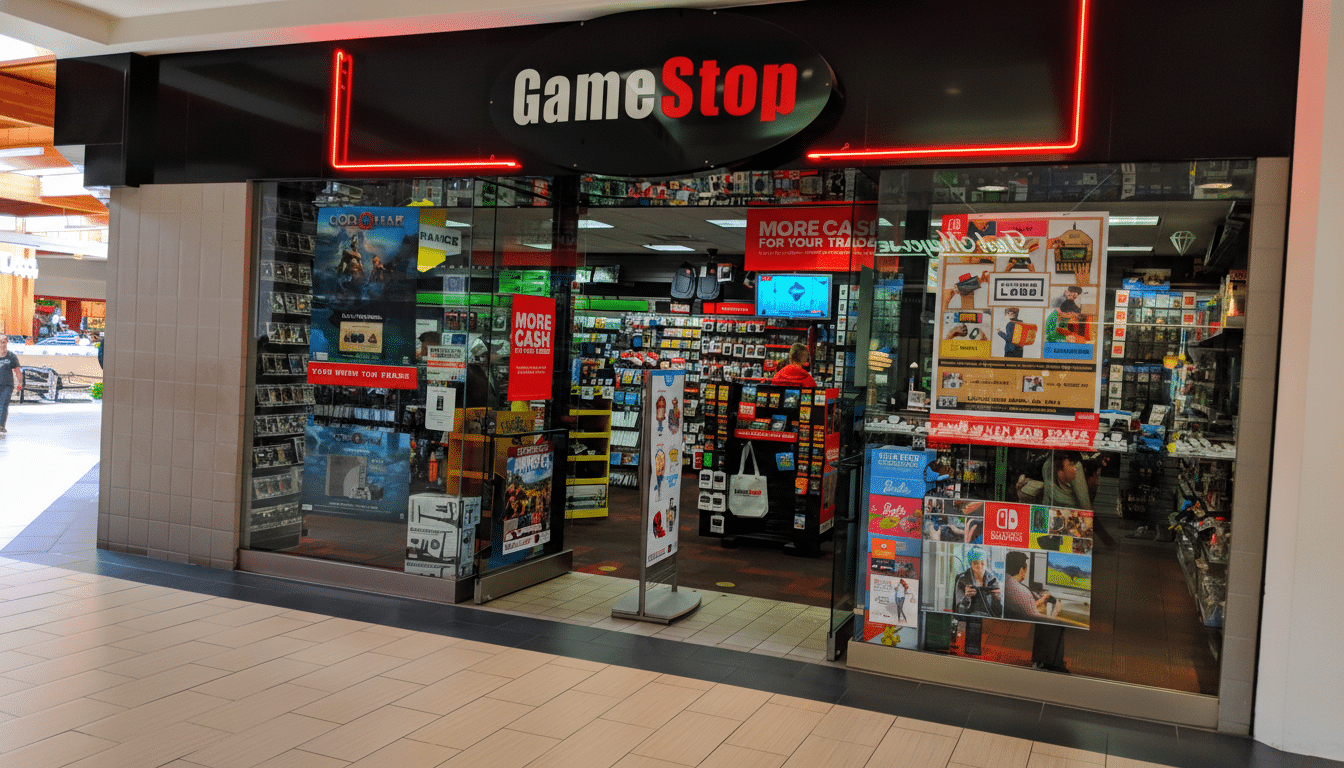 The exterior of a GameStop store in a mall, with its black and red sign illuminated, showcasing various video games and merchandise through its glass windows.