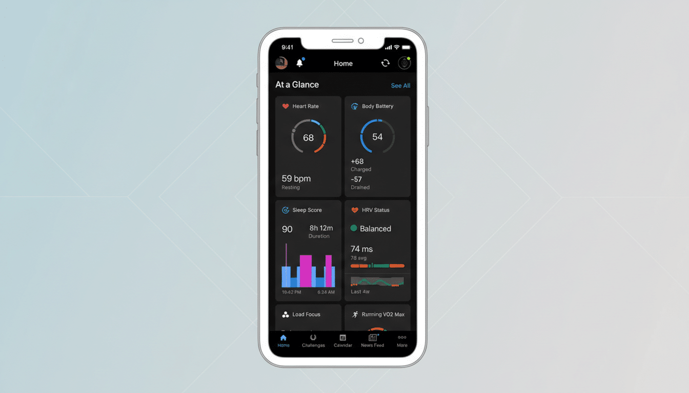 A smartphone displaying a health tracking app with various metrics like heart rate, body battery, sleep score, and HRV status, set against a professional flat design background with soft patterns and gradients.