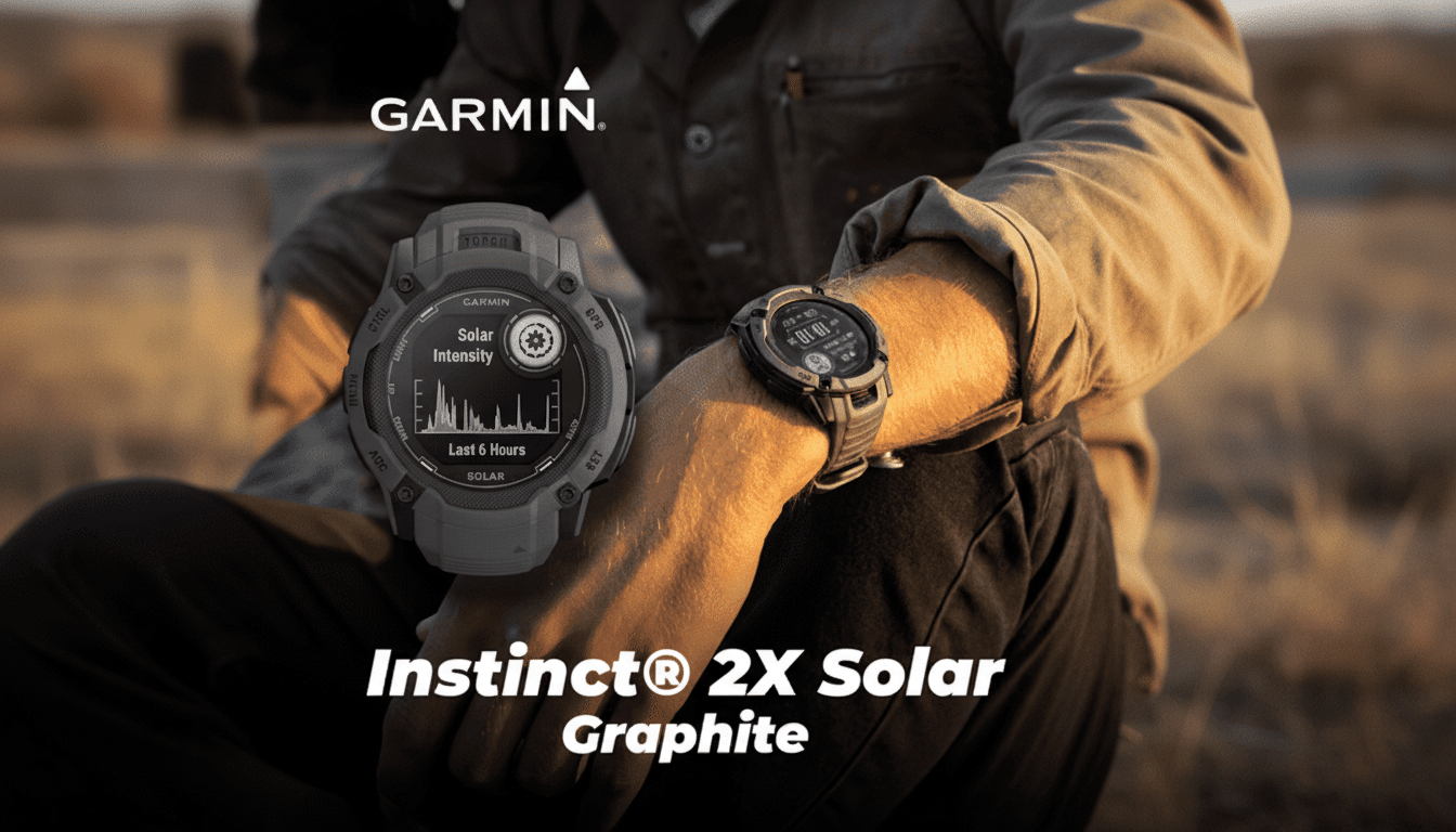 A Garmin Instinct 2X Solar Graphite smartwatch displayed on a persons wrist and as a larger floating image, with the Garmin logo and product name.