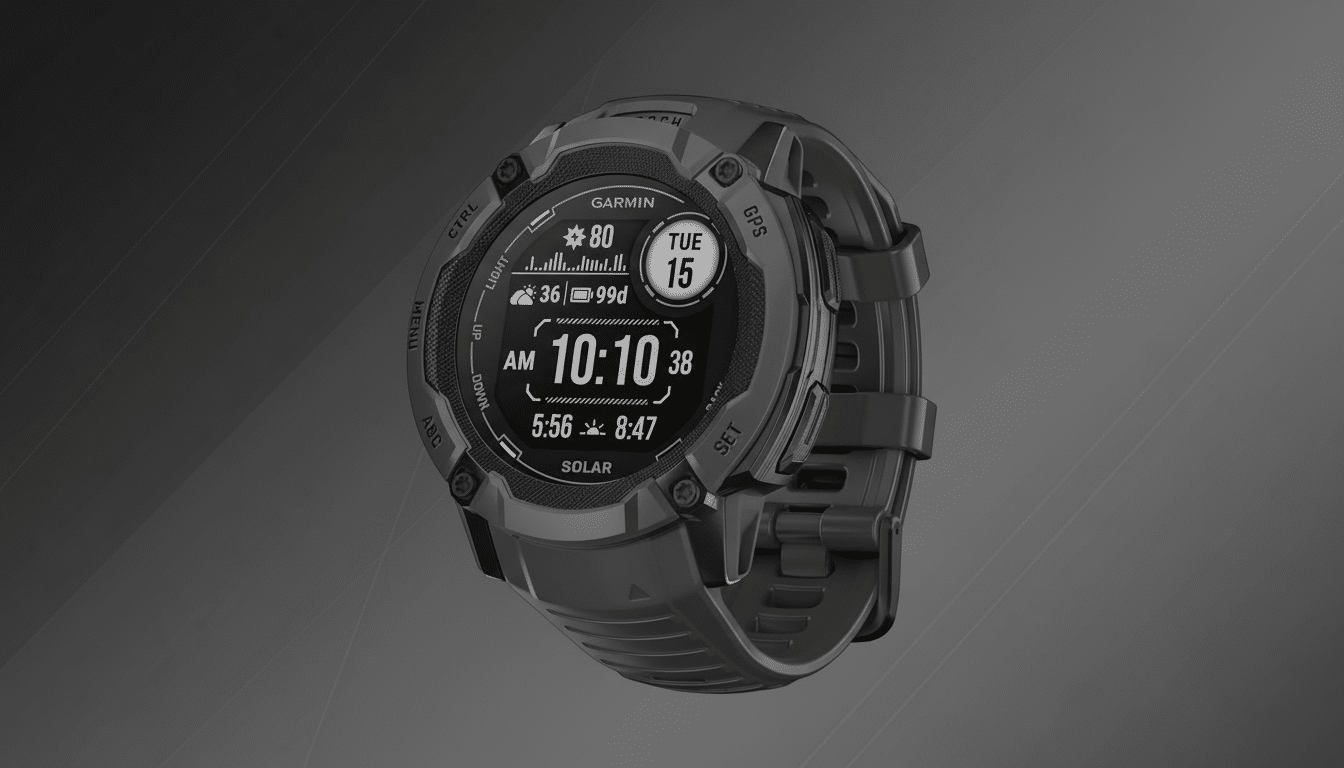 A dark grey Garmin Instinct Solar smartwatch is displayed at an angle against a professional dark grey background with a subtle gradient. The watch face shows the time as 10:10 AM, the date as Tuesday the 15th, and various fitness and weather metrics.