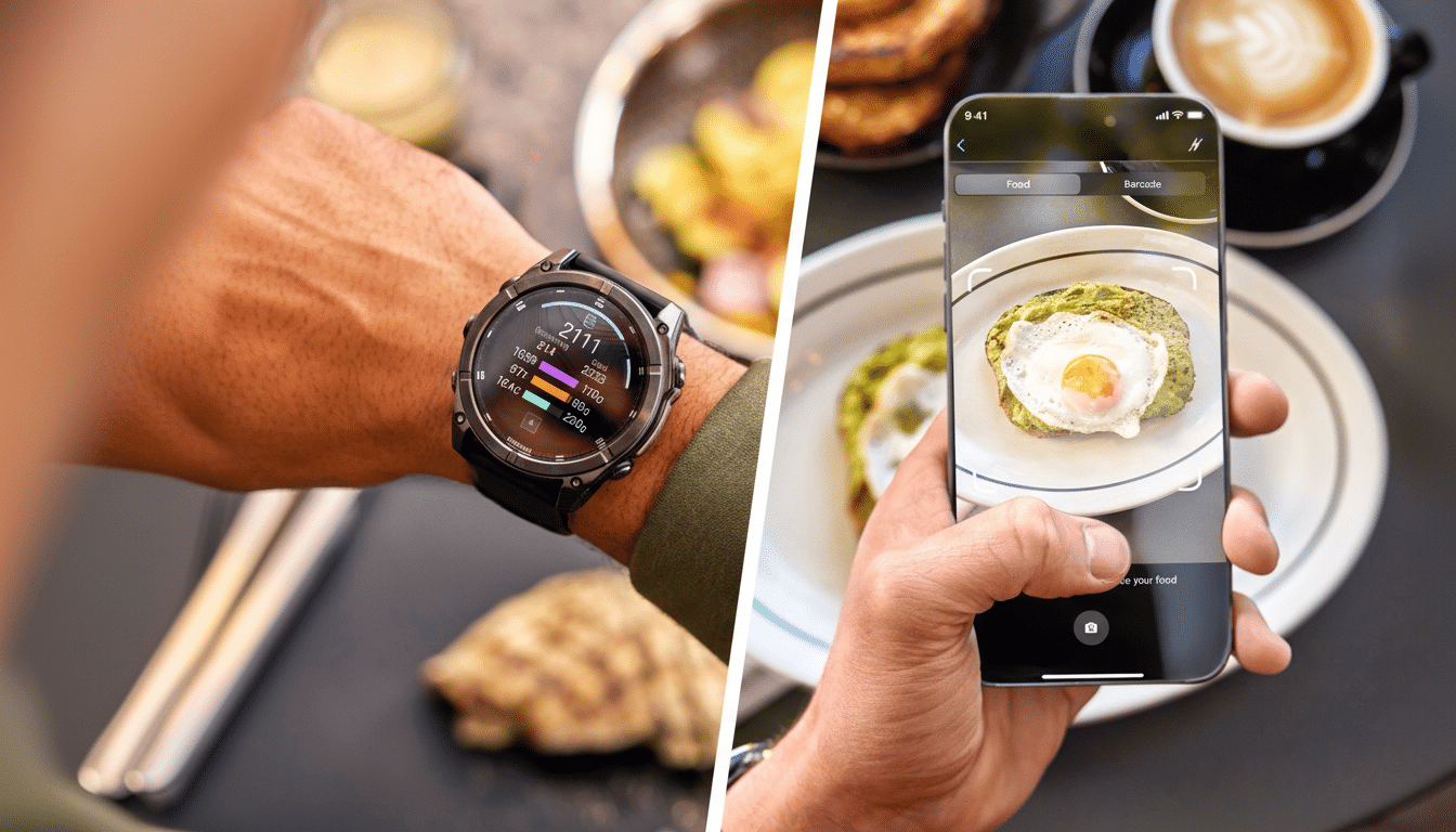 A split image showing a persons wrist with a smartwatch displaying fitness data on the left, and a hand holding a smartphone taking a picture of a meal on a plate on the right.