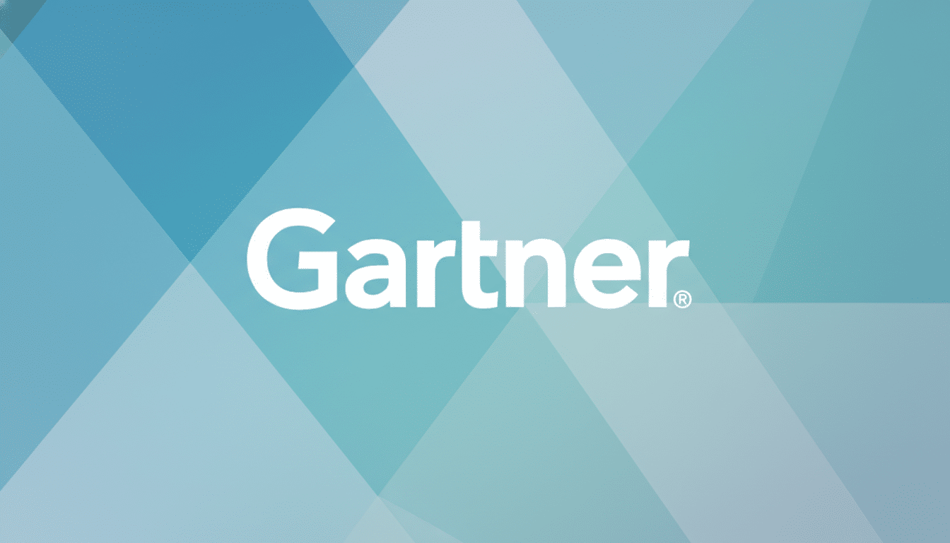 The Gartner logo, in white text, centered on a professional flat design background with soft blue and teal geometric patterns.