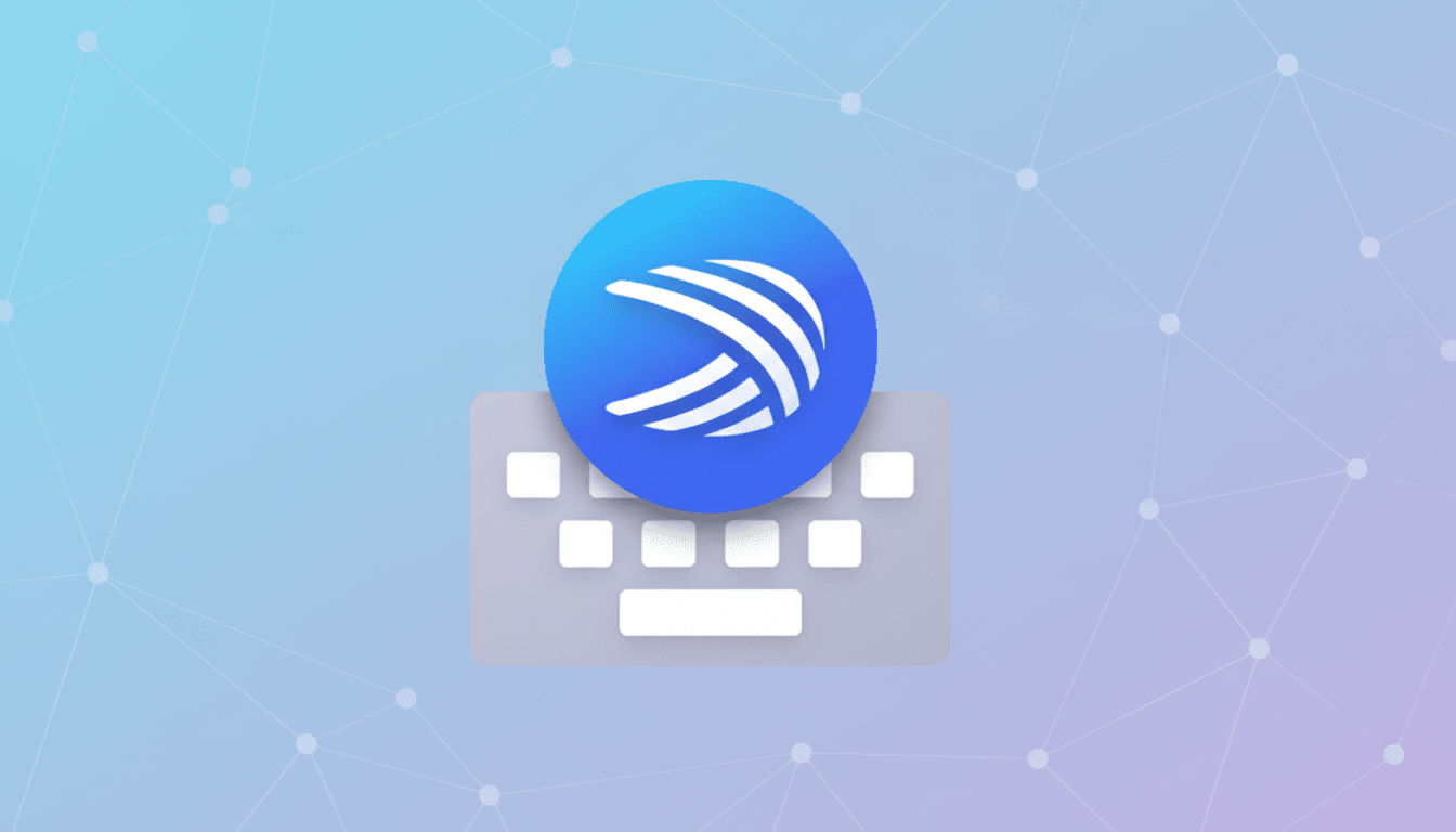 A blue circular icon with white curved lines, resembling a stylized D or a network symbol, sits atop a light gray keyboard icon. The background is a professional flat design with a soft blue and purple gradient and a subtle geometric pattern.