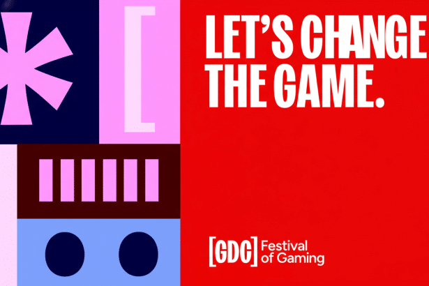 A 16:9 aspect ratio image with the text LETS CHANGE THE GAME. in white on a red background, and GDC Festival of Gaming in white at the bottom right. The left side features a geometric design with pink, dark blue, light blue, and brown shapes.