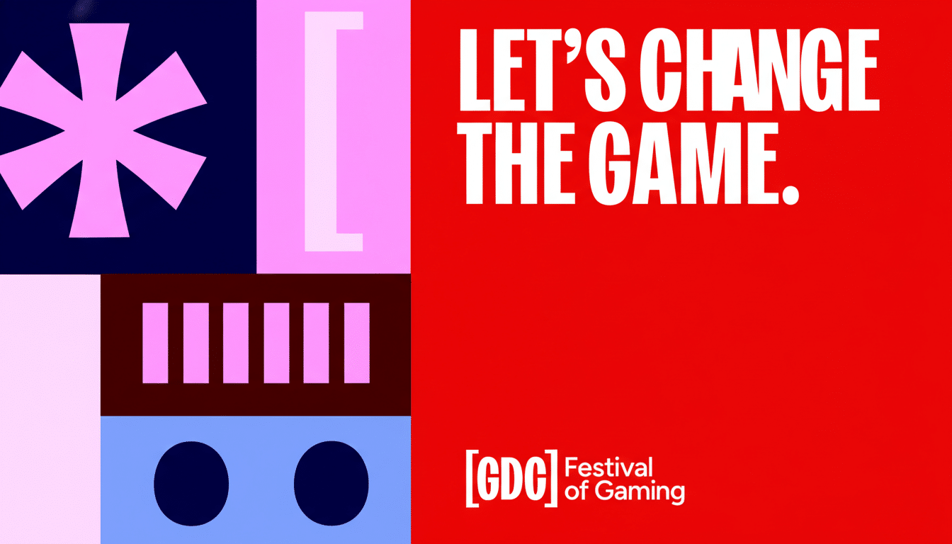 A 16:9 aspect ratio image with the text LETS CHANGE THE GAME. in white on a red background, and GDC Festival of Gaming in white at the bottom right. The left side features a geometric design with pink, dark blue, light blue, and brown shapes.