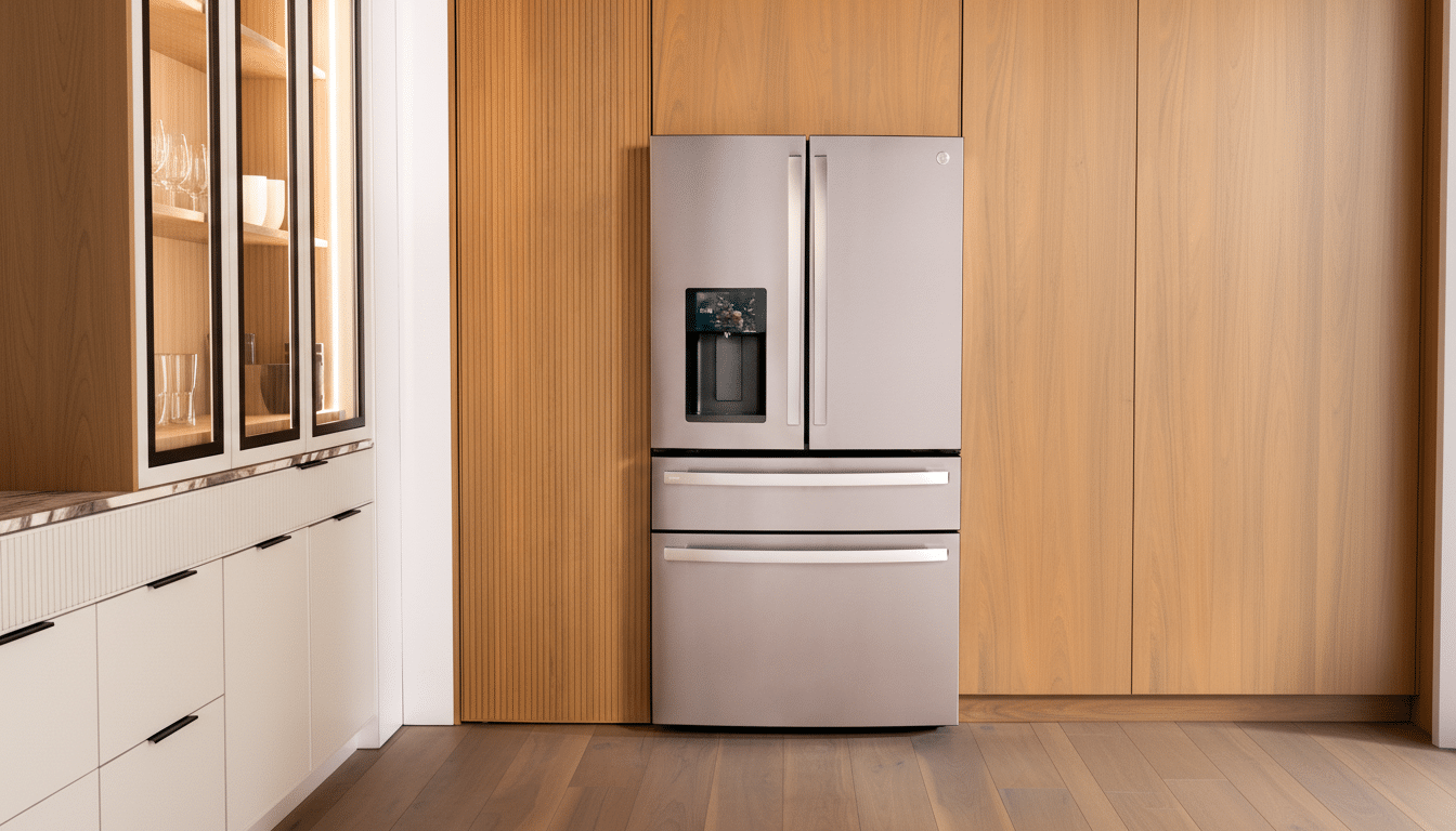 A stainless steel GE refrigerator with a French door design and a water/ice dispenser, set against a modern kitchen background with light wood paneling and white cabinets.