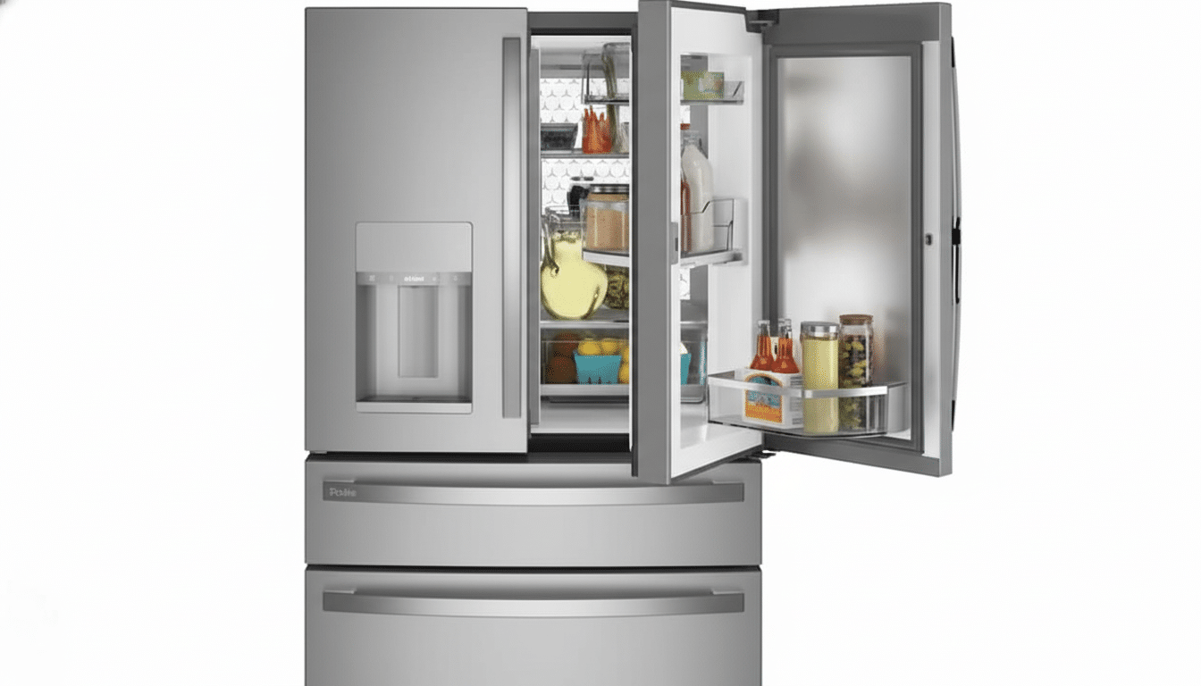 A stainless steel French door refrigerator with the top right door open, revealing various food items inside.