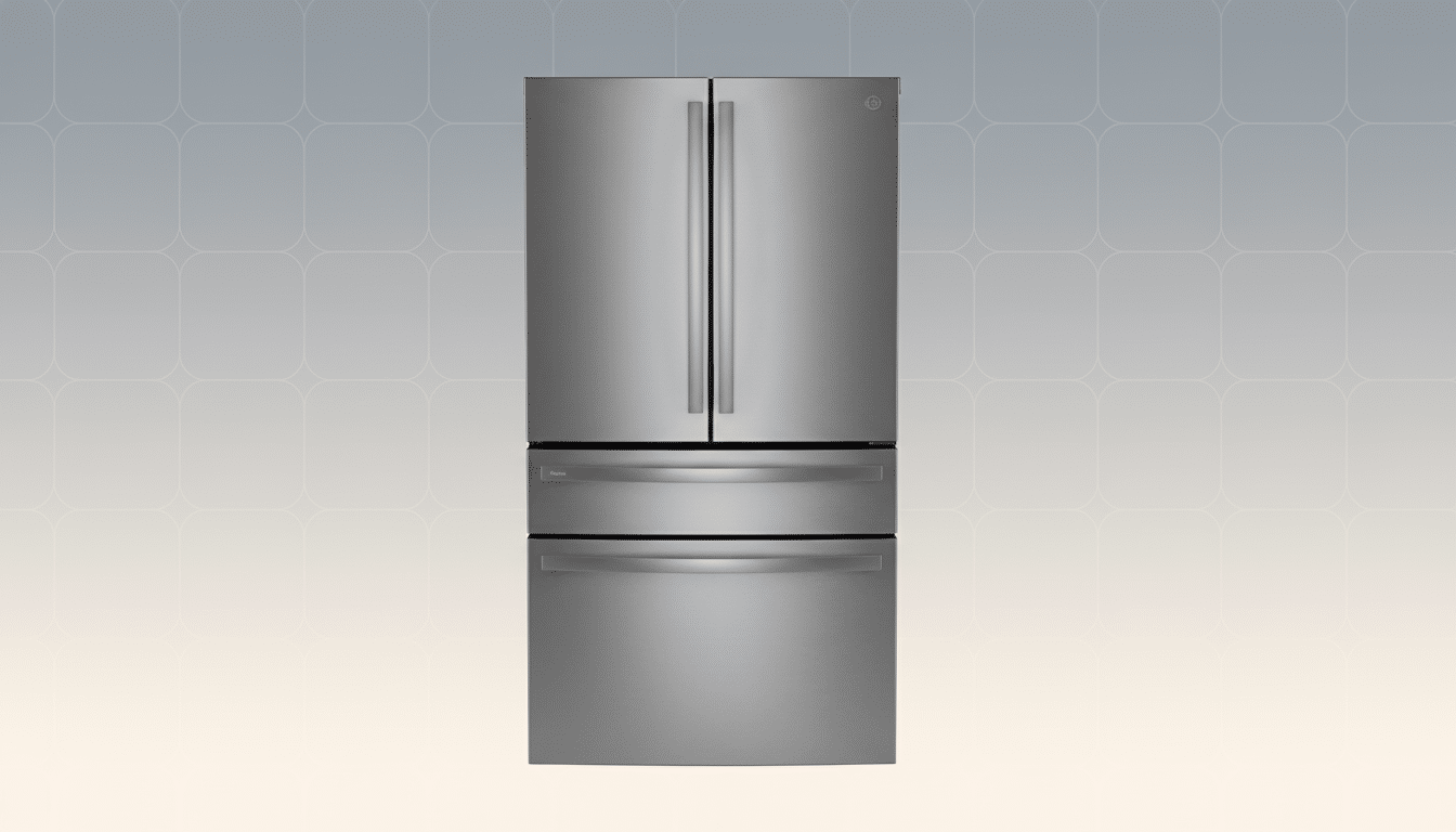 A stainless steel French door refrigerator with a bottom freezer drawer, set against a professional flat design background with soft patterns and gradients.