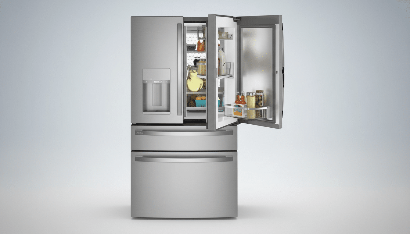 A stainless steel French door refrigerator with the right door open, revealing various food items and beverages inside.