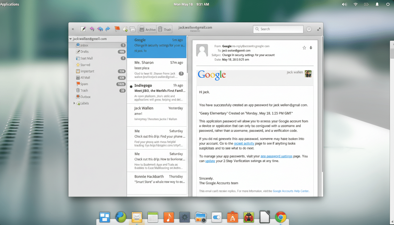 A screenshot of an email client displaying an email from Google about a security setting change.