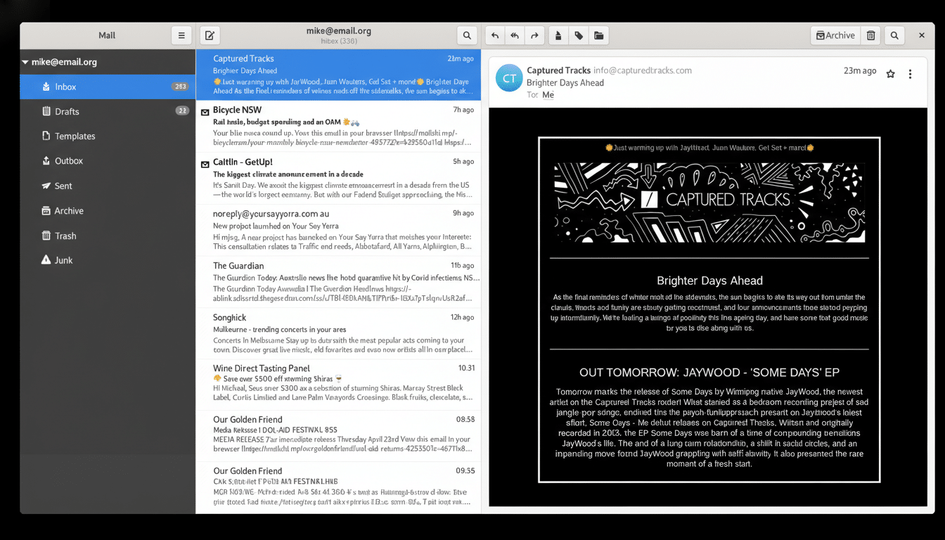 A screenshot of an email client displaying an email from Captured Tracks with the subject Brighter Days Ahead. The email content includes a black and white graphic with abstract lines and the text CAPTURED TRACKS, followed by a description of the Brighter Days Ahead release and an announcement for OUT TOMORROW: JAYWOOD - SOME DAYS EP. The email client interface shows an inbox with several unread messages and various folders.