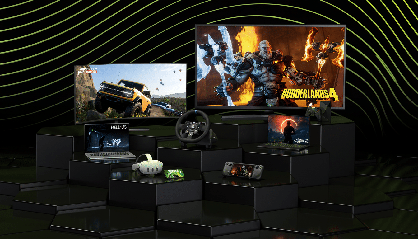 A collection of gaming devices, including two large screens displaying video games, laptops, a VR headset, and a gaming handheld, arranged on black hexagonal platforms with a green striped background.