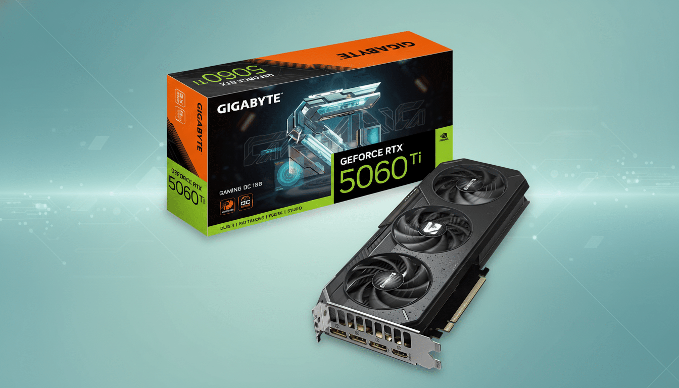 A Gigabyte GeForce RTX 5060 Ti graphics card and its retail box are displayed on a professional flat design background with soft patterns and gradients.