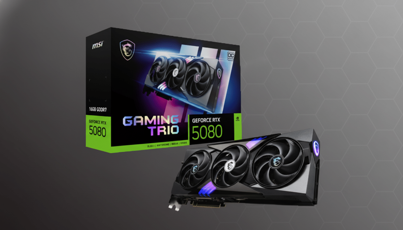 A 16:9 aspect ratio image featuring an MSI Gaming Trio 5080 graphics card and its packaging, set against a professional flat design background with soft hexagonal patterns.