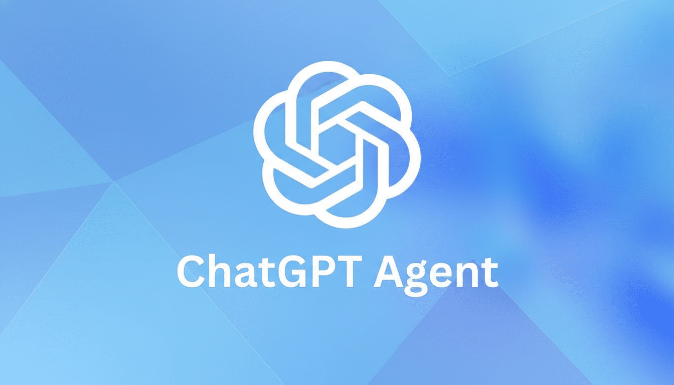 The ChatGPT Agent logo, a white stylized knot-like design, centered above the text ChatGPT Agent in white, all set against a professional light blue background with subtle geometric patterns.