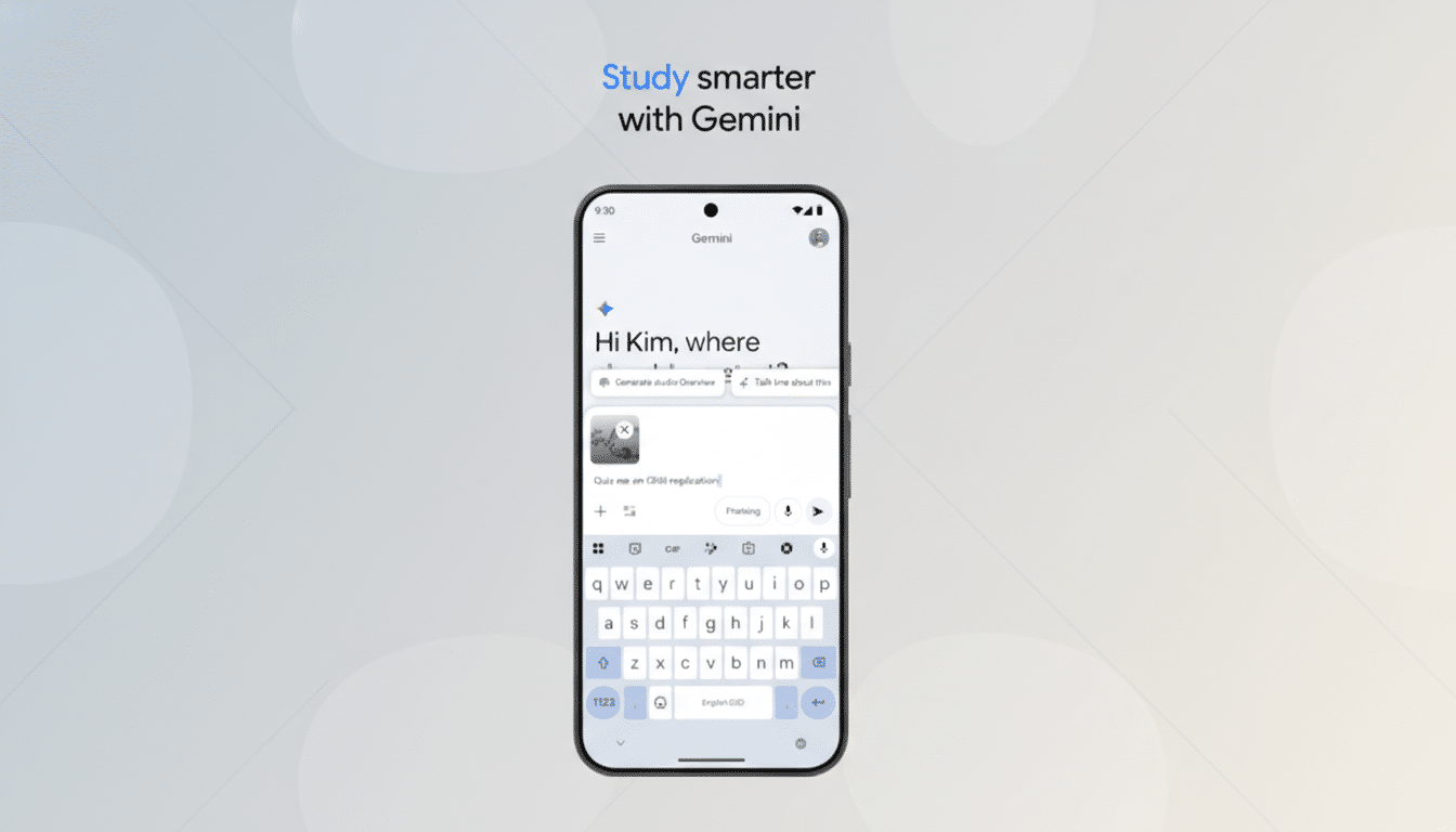 A smartphone displaying the Gemini app interface, with the text Study smarter with Gemini above it, set against a professional flat design background with soft patterns and gradients.