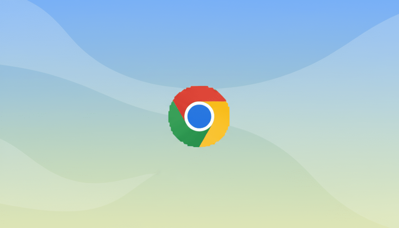 The Google Chrome logo centered on a professional flat design background with soft blue and green gradients and subtle wave patterns.