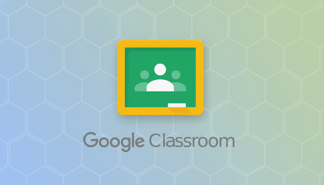 The Google Classroom logo, featuring a green chalkboard with three stylized white figures and a piece of chalk, centered on a professional 16:9 background with a subtle hexagonal pattern and a blue-to-green gradient.