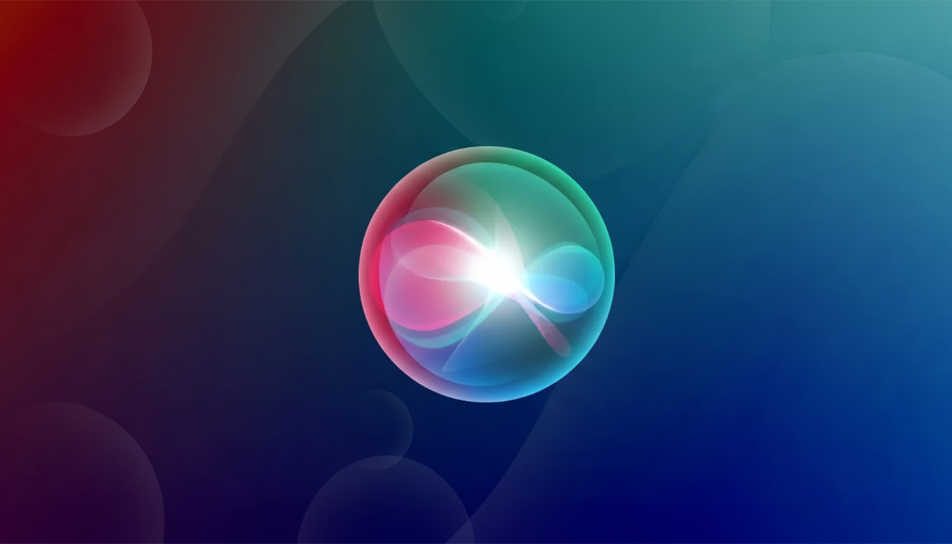 A 16:9 aspect ratio image featuring the Siri icon, a glowing, translucent sphere with swirling pink, blue, and green lights, centered against a professional flat design background with soft, subtle circular patterns and a gradient from red to blue.