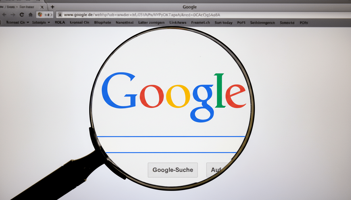 A magnifying glass over a computer screen displaying the Google search page, with the Google logo prominently visible through the lens.