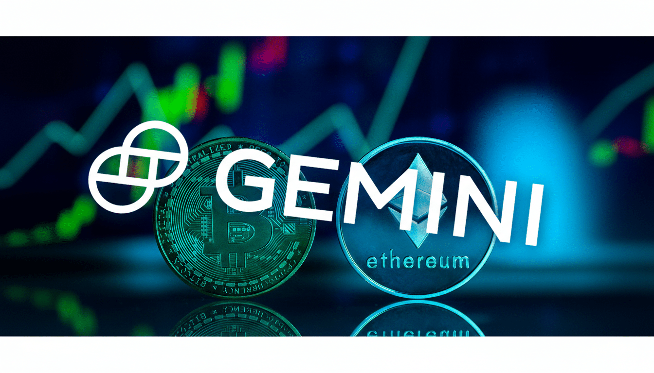 A 16:9 aspect ratio image featuring the Gemini logo and text overlaying a Bitcoin coin and an Ethereum coin, with a blurred background showing financial charts.