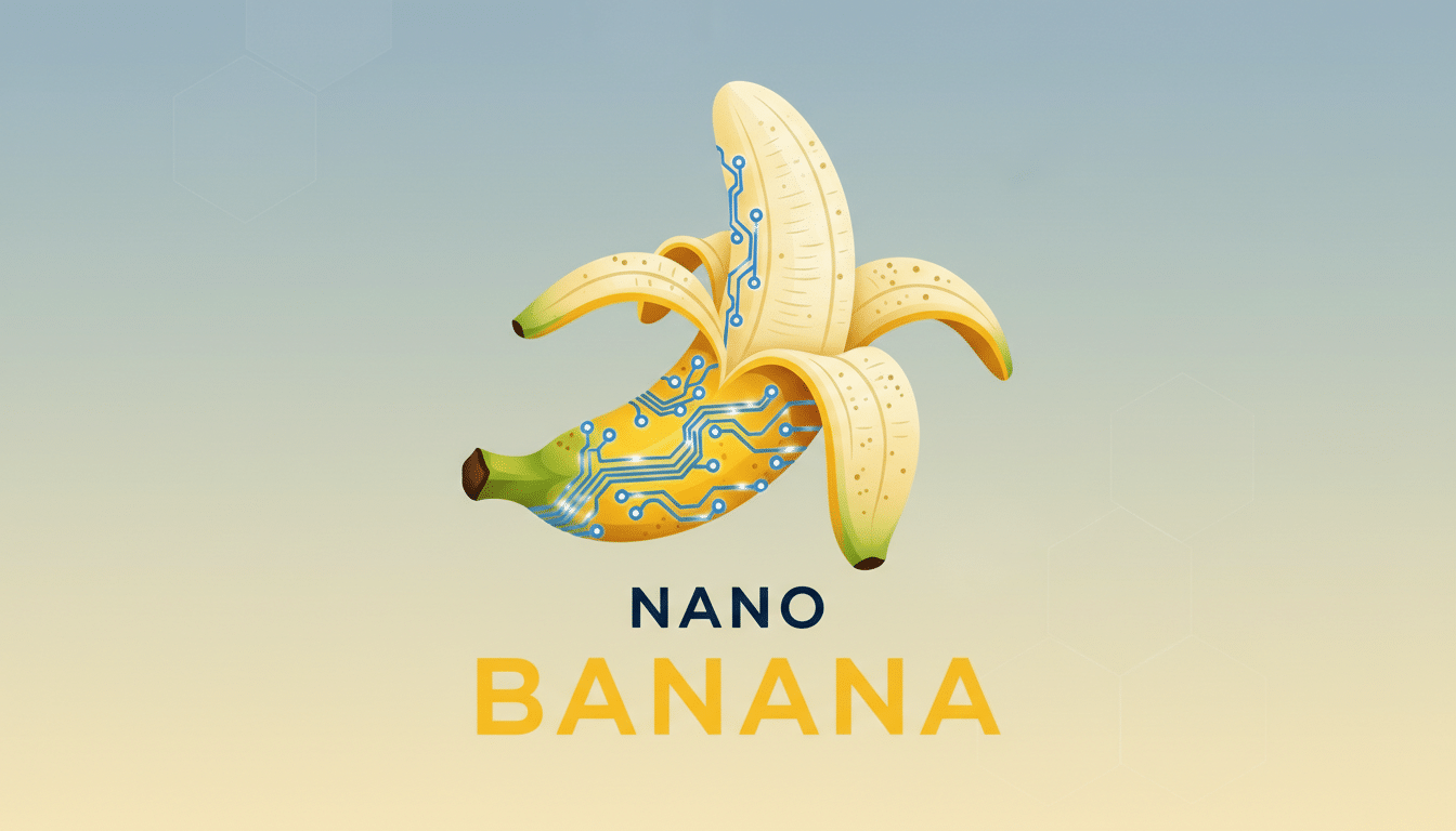 A professional 16:9 aspect ratio image featuring the NANO BANANA logo. The logo depicts a peeled banana with a blue circuit board pattern visible on its flesh. The background is a soft gradient from light blue to light yellow with subtle hexagonal patterns.