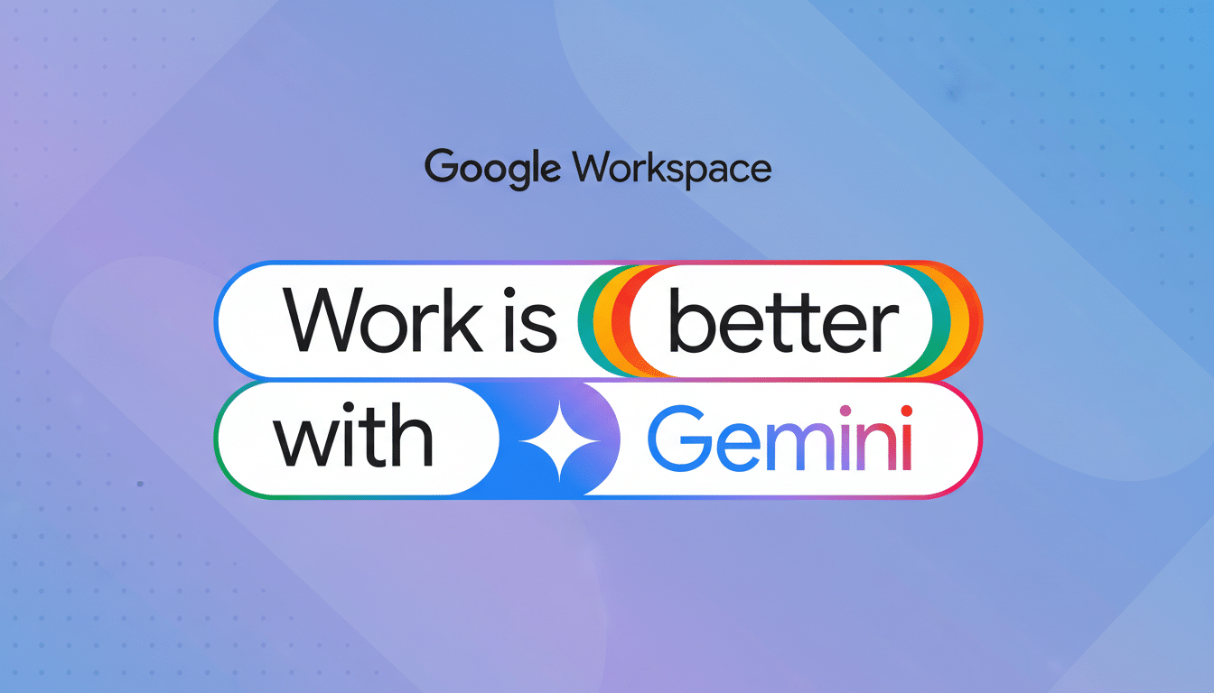 Google Workspace logo with the text Work is better with Gemini in a professional 16:9 aspect ratio with a soft gradient background.