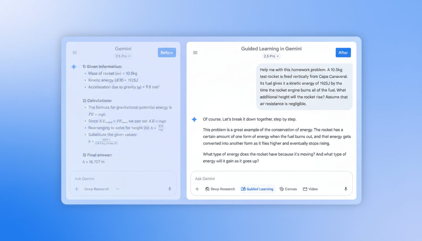 A screenshot of the Gemini AI interface, showing a Before and After comparison of a guided learning session. The Before section displays a physics problem with given information, calculations, and a final answer. The After section shows the AI providing a step-by-step explanation and asking follow-up questions related to the conservation of energy.