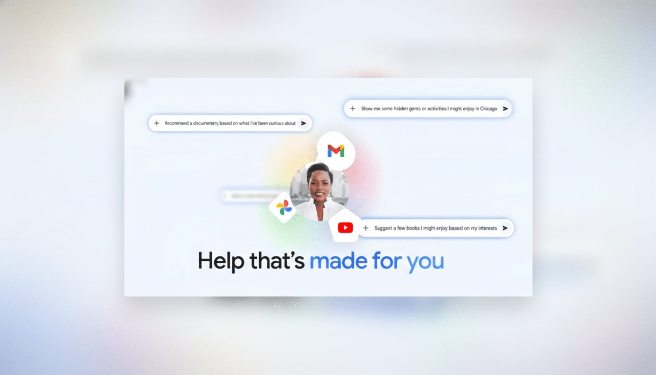 A womans face is centered on a white background with various Google app icons and search bar suggestions around her. The text Help thats made for you is at the bottom.