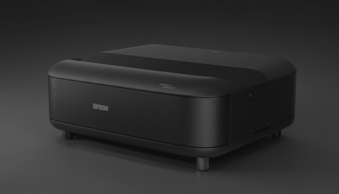 A black Epson projector with a textured front panel and rounded edges, set against a dark gray background.