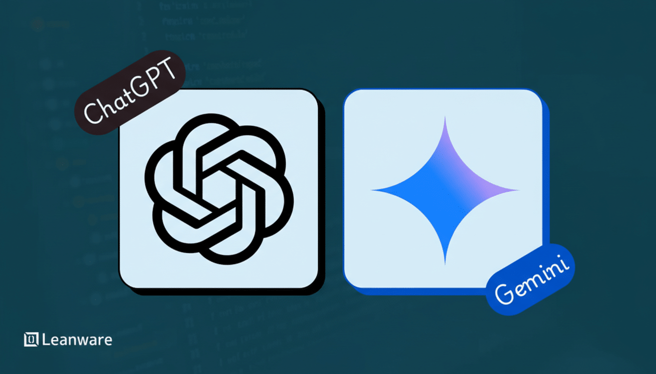 A 16:9 aspect ratio image featuring the ChatGPT logo on the left and the Gemini logo on the right, both with their original backgrounds preserved.