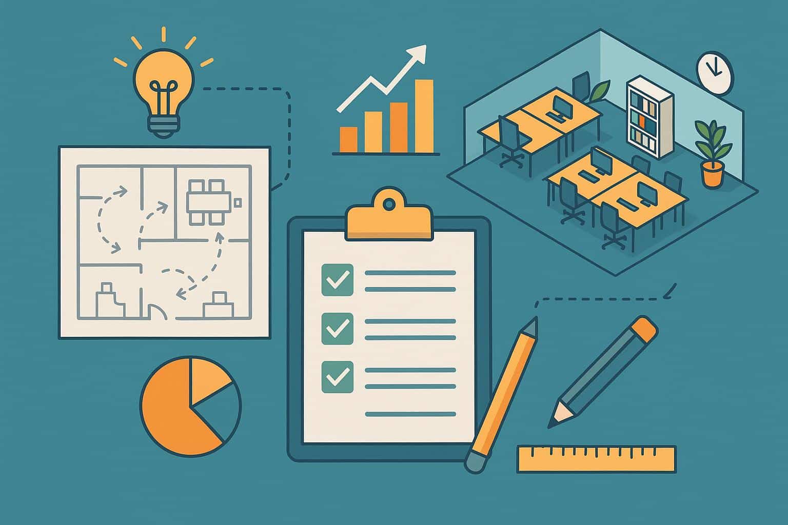 Modern open-plan office with collaborative workspaces and innovative workspace design elements