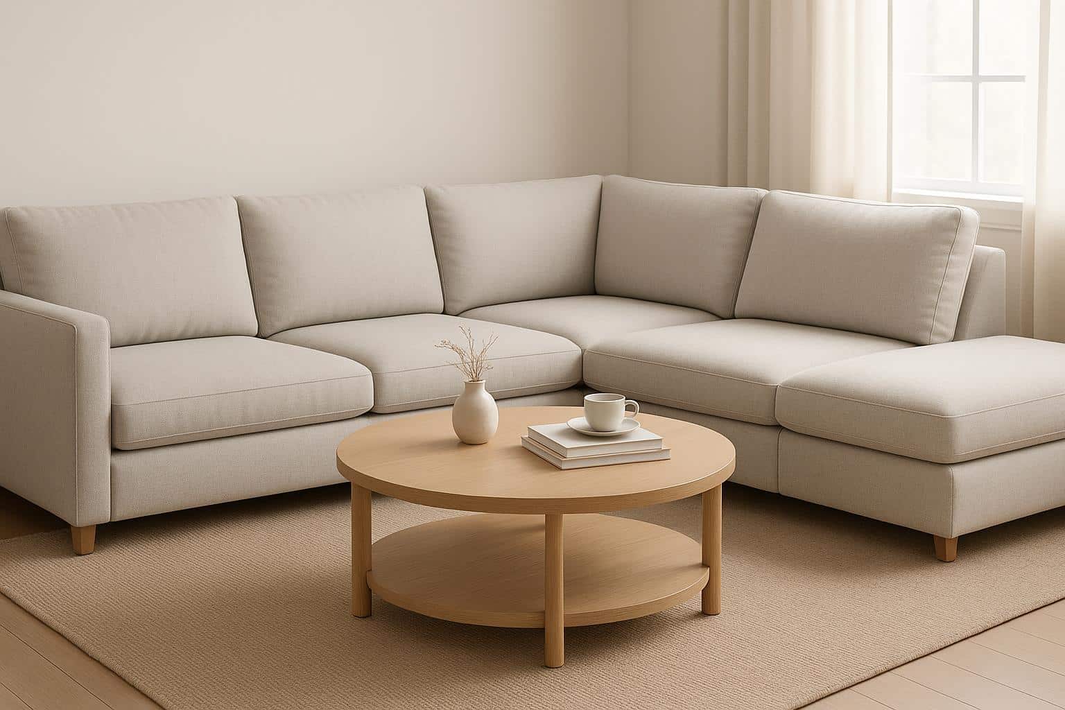 Modern sectional sofa with a stylish coffee table perfectly sized for living room balance