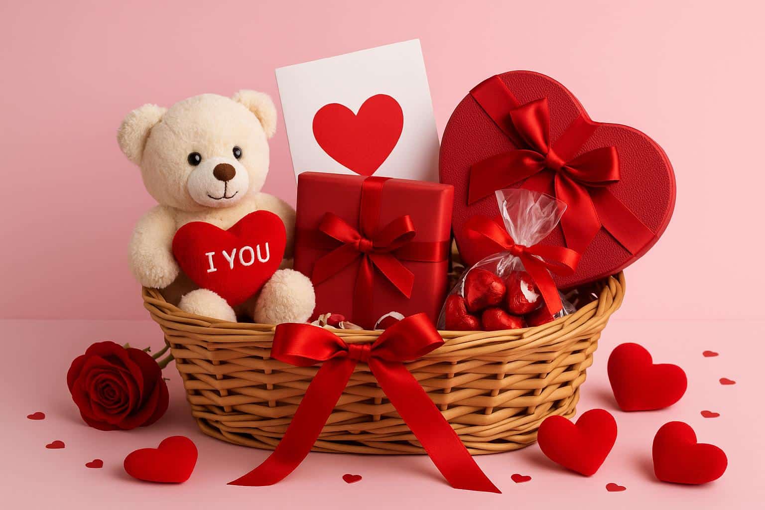 Heart-shaped Valentine’s Day gift basket with personalized romantic gifts and red decorations