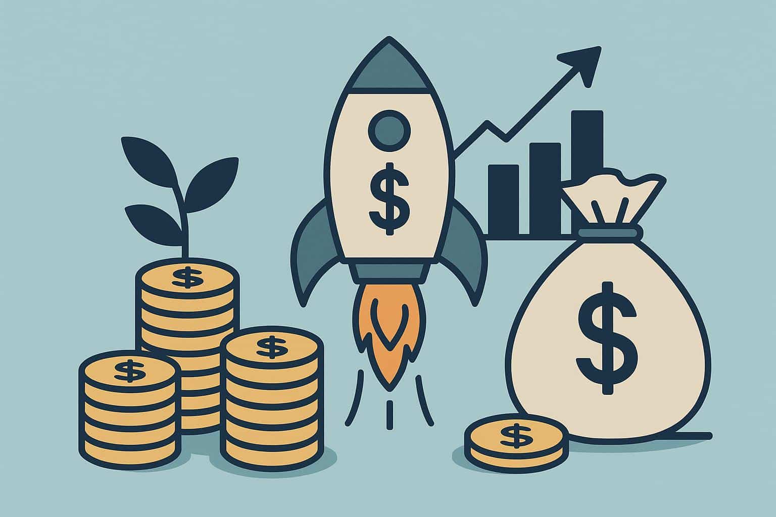 Stack of coins with growing plants representing venture funding and business investment growth