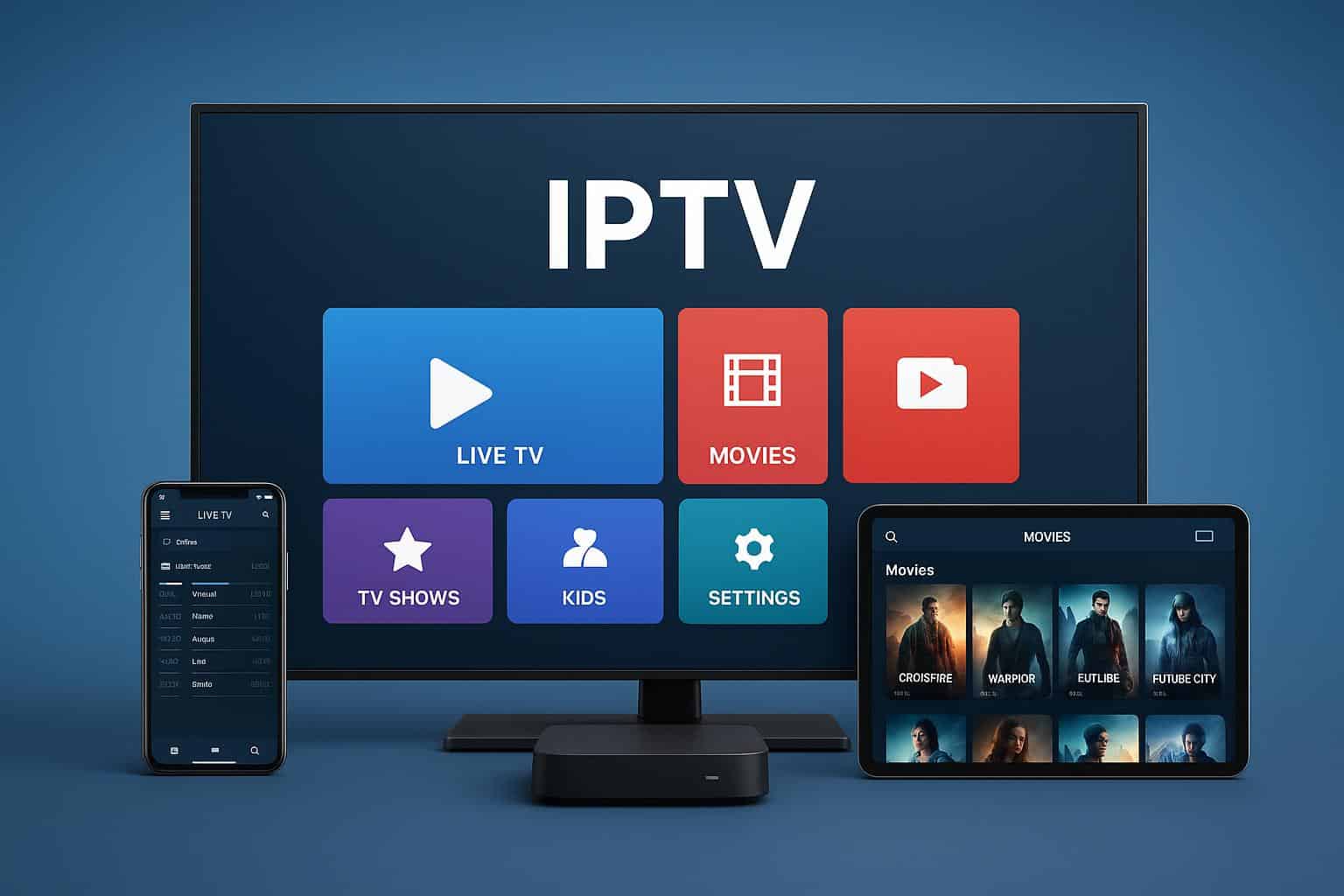 Smart TV streaming interface showcasing IP TV service for mobiles, apps, and television screens