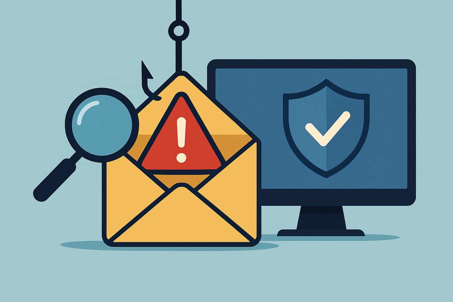 Shield protecting email envelope from phishing hooks, symbolizing scam detection and cybersecurity