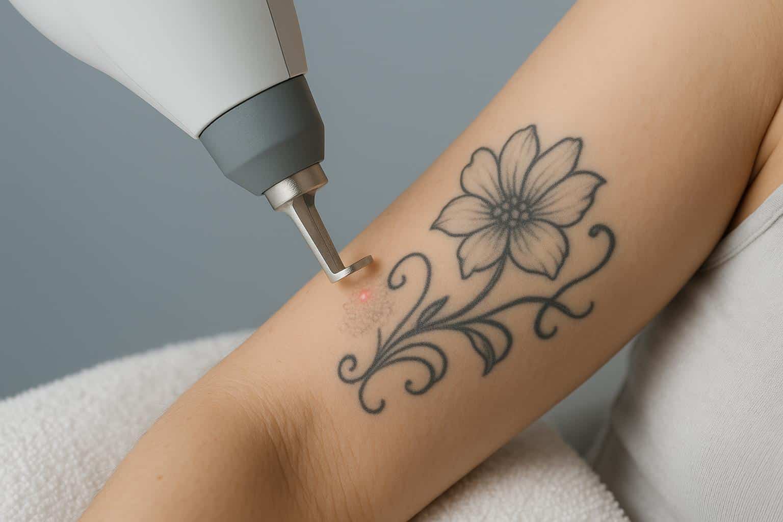 Laser device removing colorful tattoo from forearm, illustrating modern tattoo removal treatments