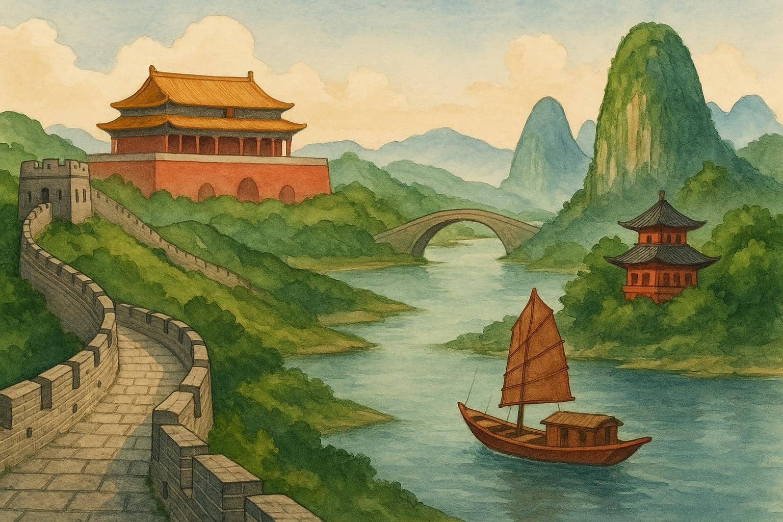 Scenic view of the Great Wall winding through green hills under a blue sky in China